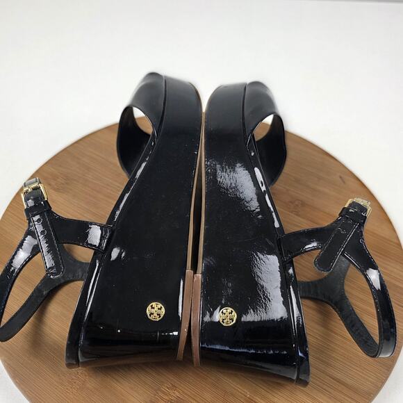 Tory Burch Sandals Womens Size 9 Black Patent Leather Wedge Platform Ankle Strap - Picture 11 of 16